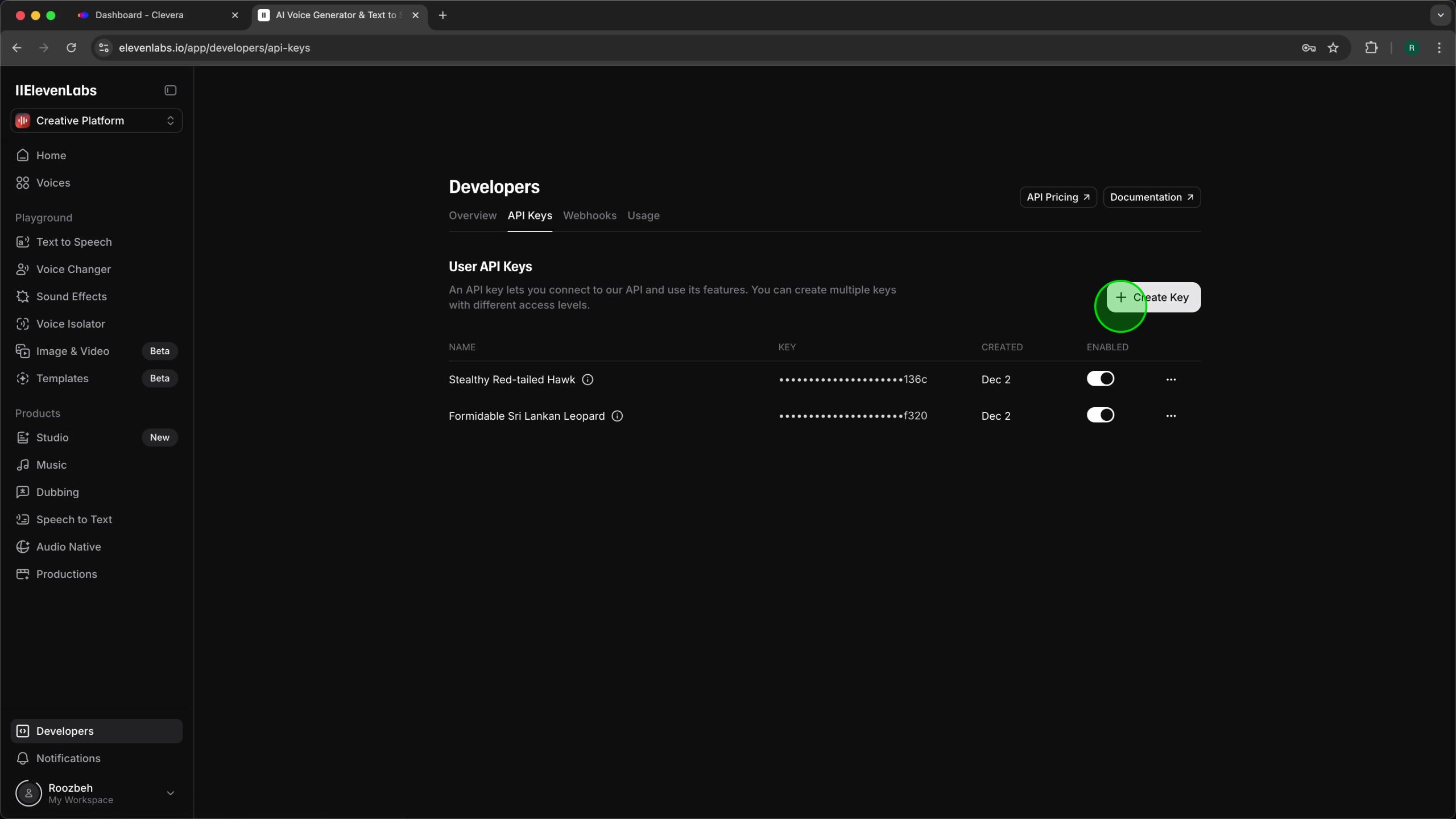 User API Keys panel with the '+ Create Key' button highlighted